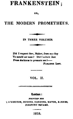 Frankenstein’ın 1818 baskısının ikinci cildine ait başlık sayfası.
