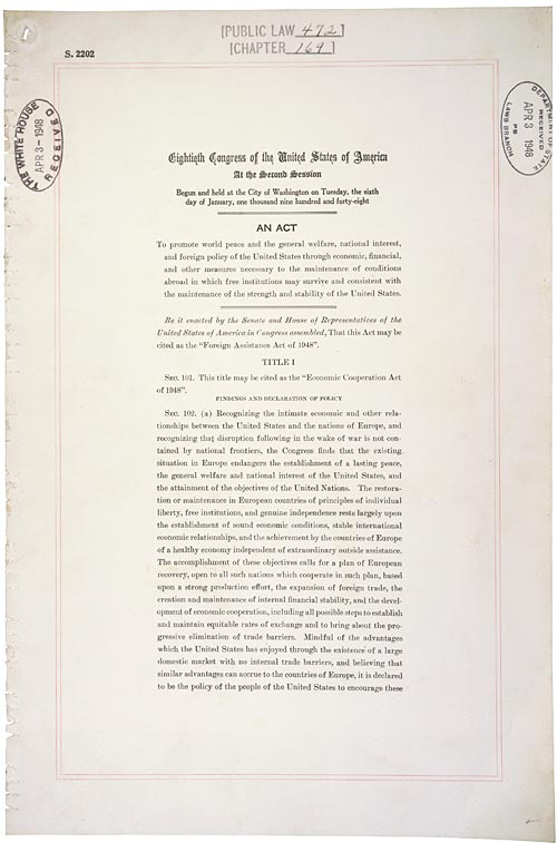 Marshall Planı’nın yasal çerçevesini oluşturan 3 Nisan 1948 tarihli Public Law 472’nin ilk sayfası.