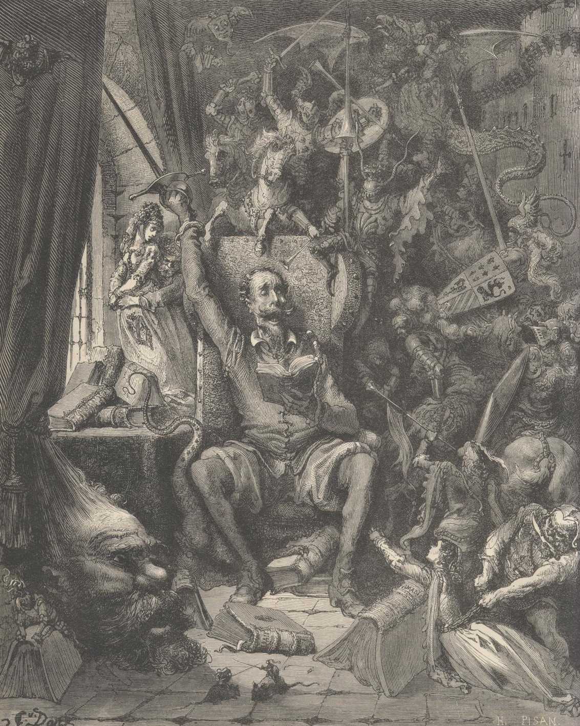 Don Kişot’u okurken çevresinde hayalî figürlerle gösteren Gustave Doré illüstrasyonu.