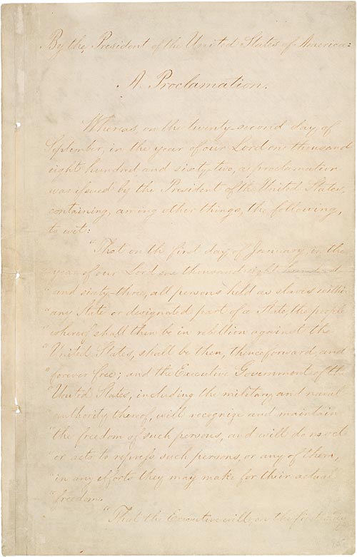 Abraham Lincoln’ün 1 Ocak 1863 tarihli Özgürlük Bildirgesi’nin ilk sayfası; NARA dijital kopyası.