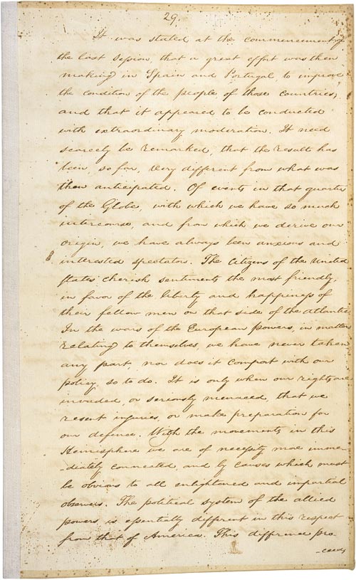 James Monroe’nun 2 Aralık 1823 tarihli Kongre mesajından bir sayfa; National Archives kopyası.