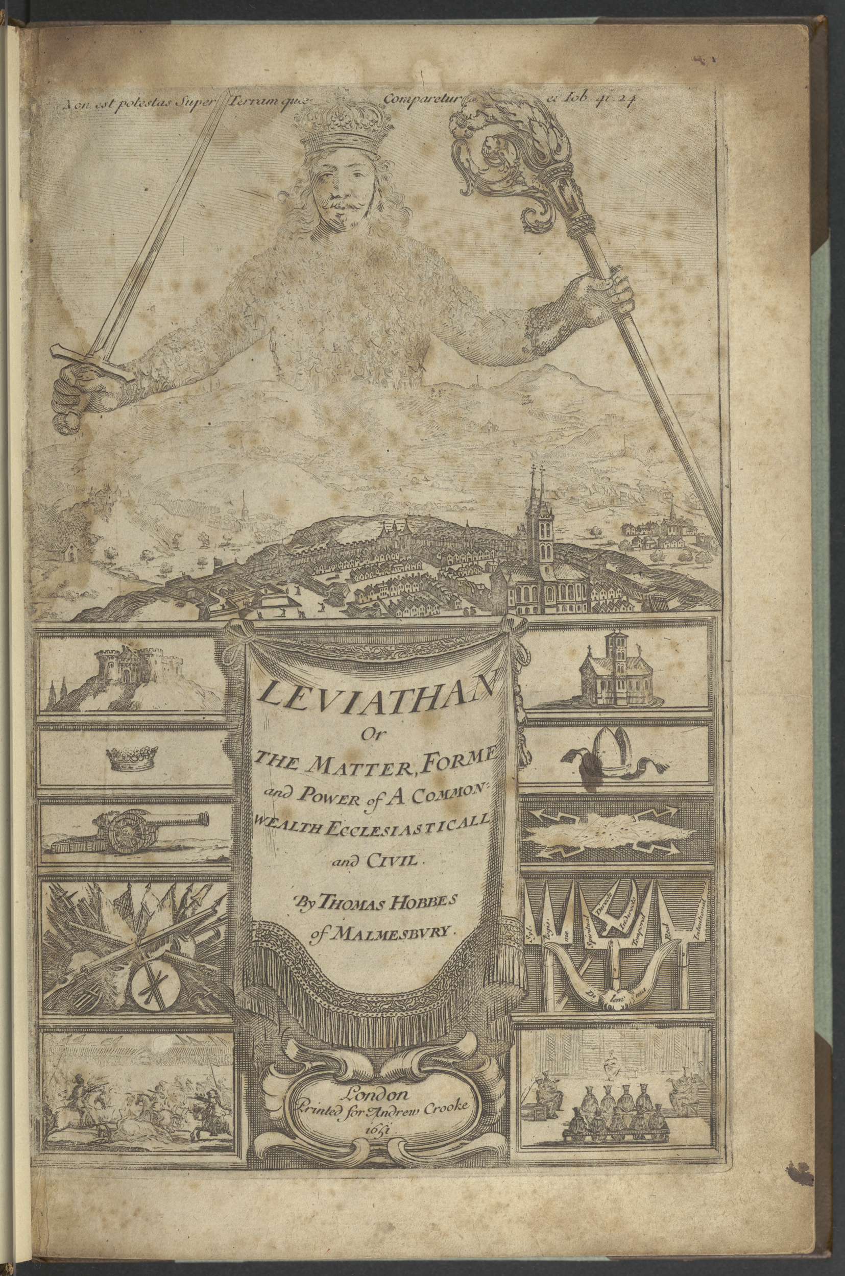 Leviathan’ın 1651 baskısındaki siyasi bedeni simgeleyen ön resim.