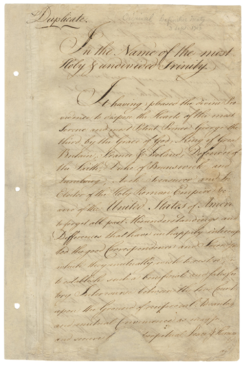 3 Eylül 1783 Paris Antlaşması’nın özgün nüshalarından birinin ilk sayfası; NARA dijital kopyası.