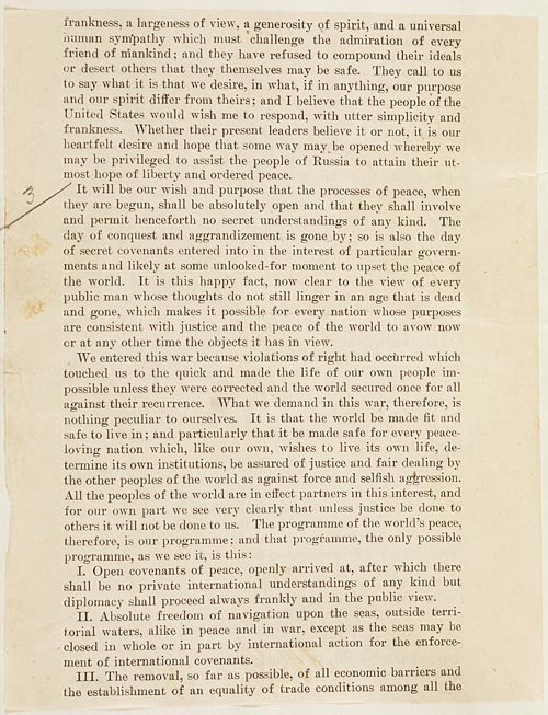 Woodrow Wilson’ın 8 Ocak 1918 tarihli konuşmasında ilk üç ilkenin başladığı sayfa; NARA kopyası.