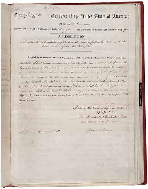 13. anayasa değişikliğini öneren 31 Ocak 1865 tarihli Kongre ortak kararının NARA kopyası.