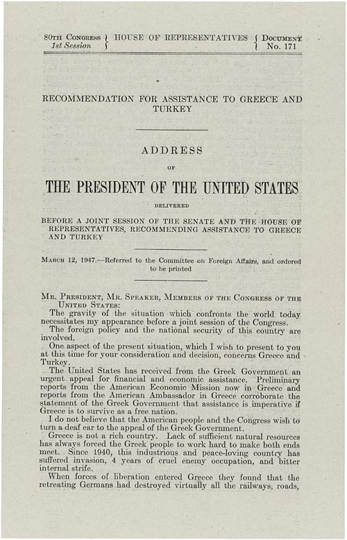 Truman’ın Yunanistan ve Türkiye’ye yardımı öneren 12 Mart 1947 tarihli Kongre konuşmasının basılı ilk sayfası.